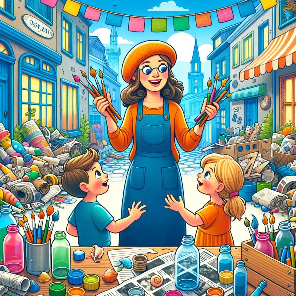 Une illustration destinée aux enfants représentant une artiste femme, entourée de couleurs vives et de pinceaux, qui rencontre deux enfants curieux dans un atelier rempli de bouteilles vides, de journaux, de morceaux de tissus et de coquillages, avant de les emmener dans une rue animée où ils transforment des objets en œuvres d'art étonnantes.