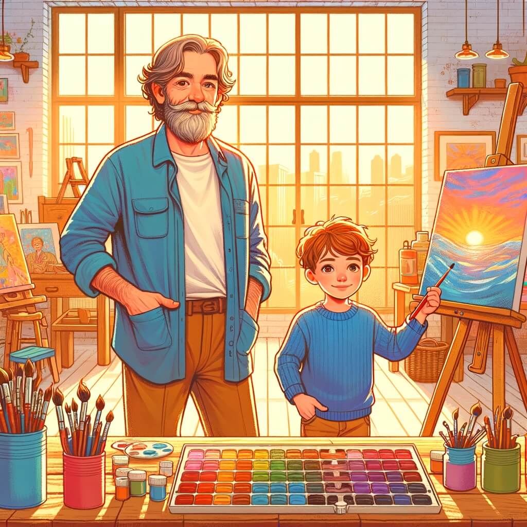 Une illustration pour enfants représentant un artiste passionné de dessin et de peinture qui partage son savoir-faire avec un petit garçon dans son atelier coloré.