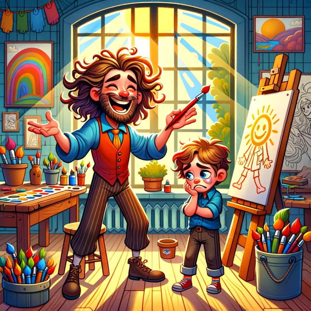 Une illustration destinée aux enfants représentant un artiste à la chevelure ébouriffée et colorée, enseignant joyeusement à un petit garçon triste comment dessiner, dans un atelier rempli de pinceaux multicolores, de toiles accrochées aux murs et de rayons de soleil filtrant à travers les grandes fenêtres.