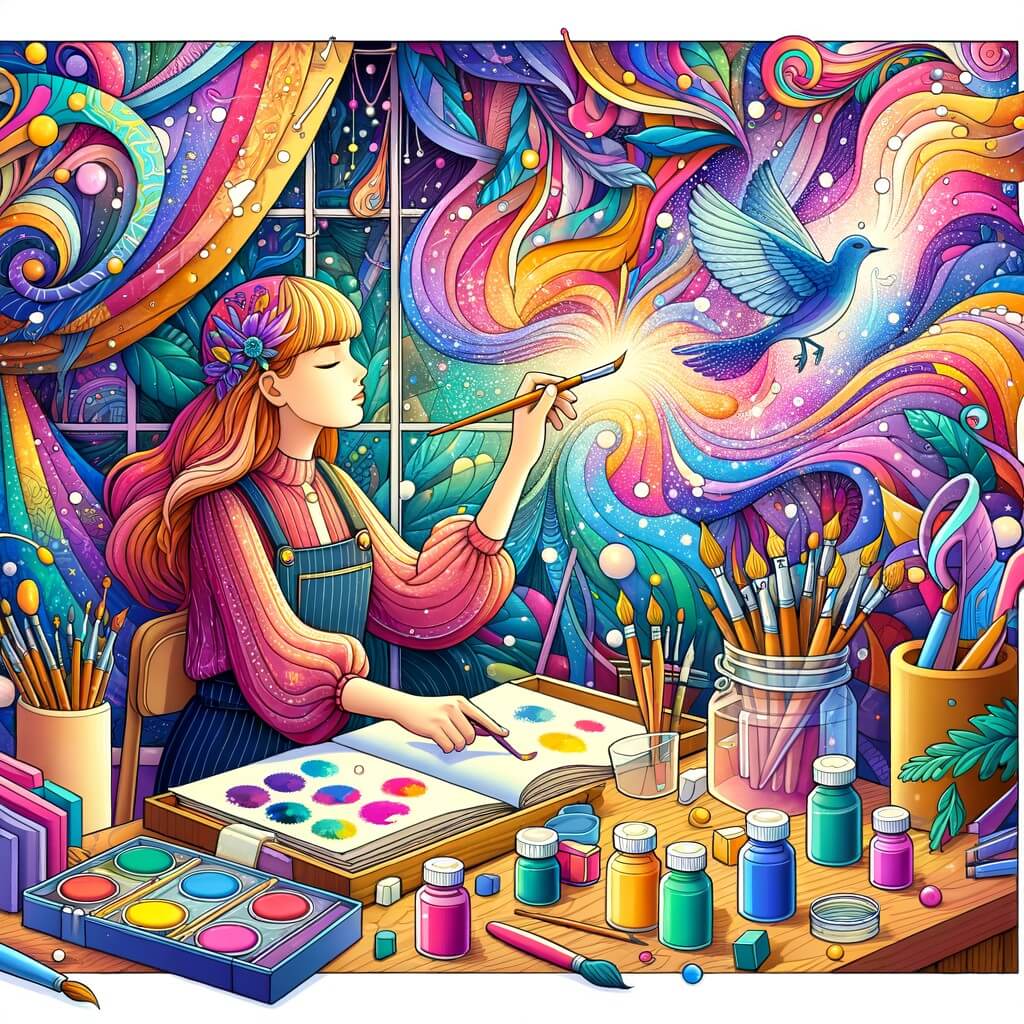Une illustration destinée aux enfants représentant une artiste féminine, plongée dans un univers coloré et fantastique, accompagnée d'un pinceau magique, se déroulant dans un atelier rempli de couleurs éclatantes et d'outils artistiques.