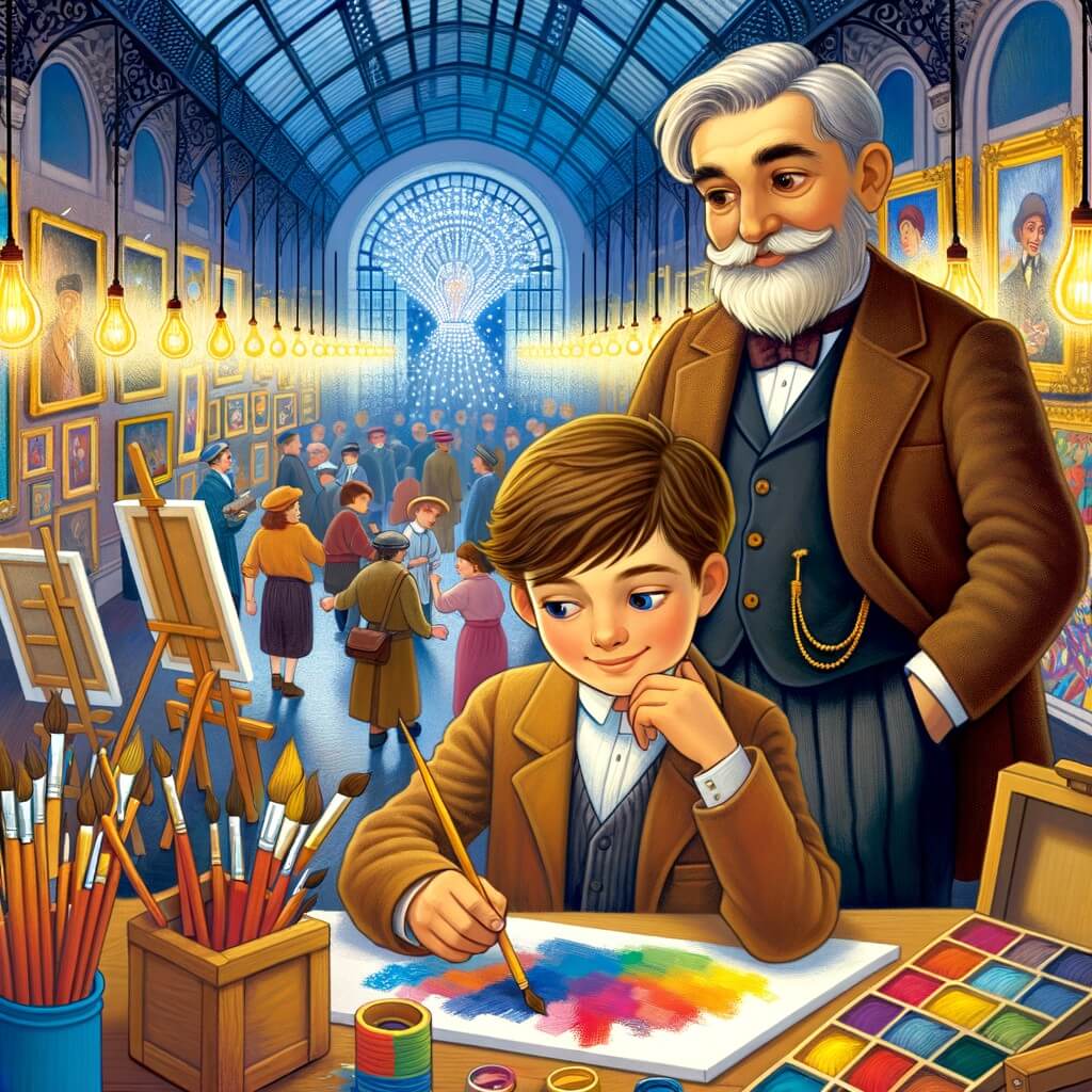 Une illustration destinée aux enfants représentant un jeune artiste rêveur, accompagné d'un célèbre peintre, dans un atelier lumineux rempli de toiles colorées et d'outils artistiques, situé au cœur d'une galerie d'art éblouissante.