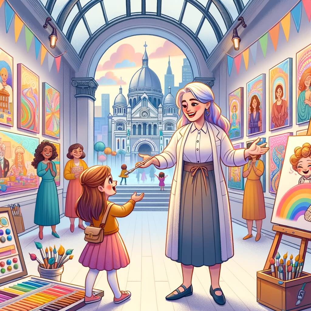 Une illustration pour enfants représentant une jeune femme passionnée d'art, qui rêve de devenir une artiste célèbre, dans une ville colorée et pleine de vie.