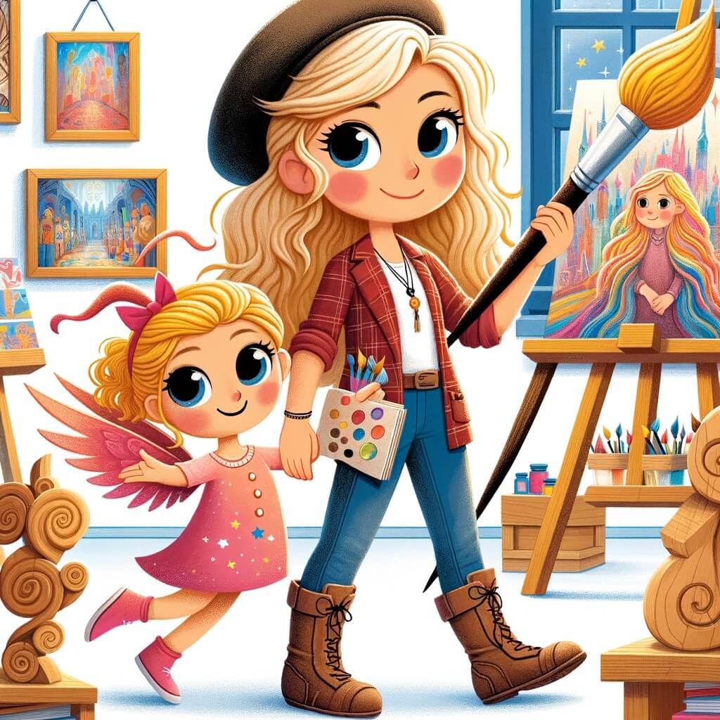 Une illustration destinée aux enfants représentant une jeune femme artiste pleine de créativité et d'imagination, faisant face aux défis de l'art, accompagnée de son fidèle ami, un pinceau magique, dans une galerie d'art lumineuse remplie de tableaux colorés et de sculptures en bois.