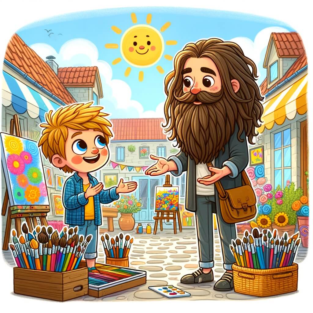 Une illustration pour enfants représentant un jeune homme curieux et passionné d'art, qui découvre l'univers coloré d'un artiste dans une échoppe ensoleillée.