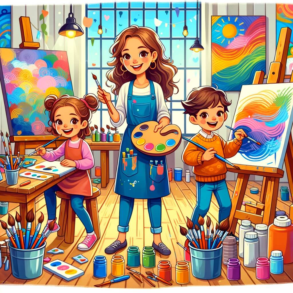 Une illustration pour enfants représentant une femme artiste passionnée par la création de peintures incroyables dans son grand atelier.