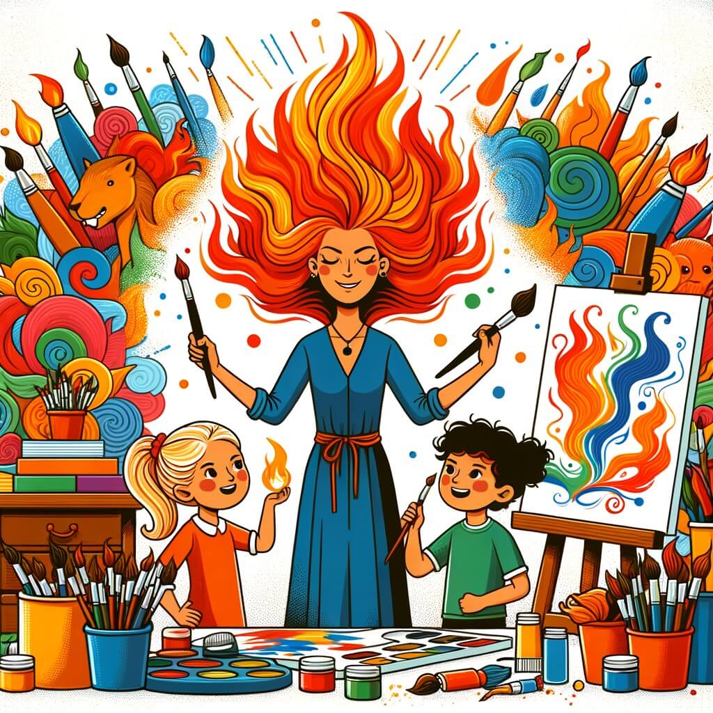 Une illustration destinée aux enfants représentant une artiste passionnée aux cheveux flamboyants, entourée de ses jeunes élèves, dans un atelier d'art coloré rempli de pinceaux, de toiles et de créations artistiques.