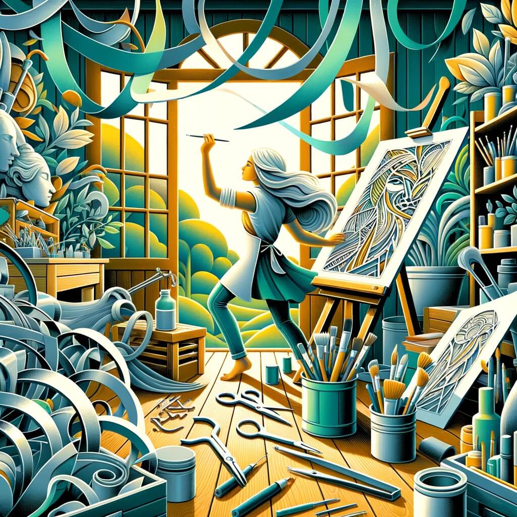 Une illustration pour enfants représentant une artiste passionnée découvrant son talent dans une forêt du sud de la France.