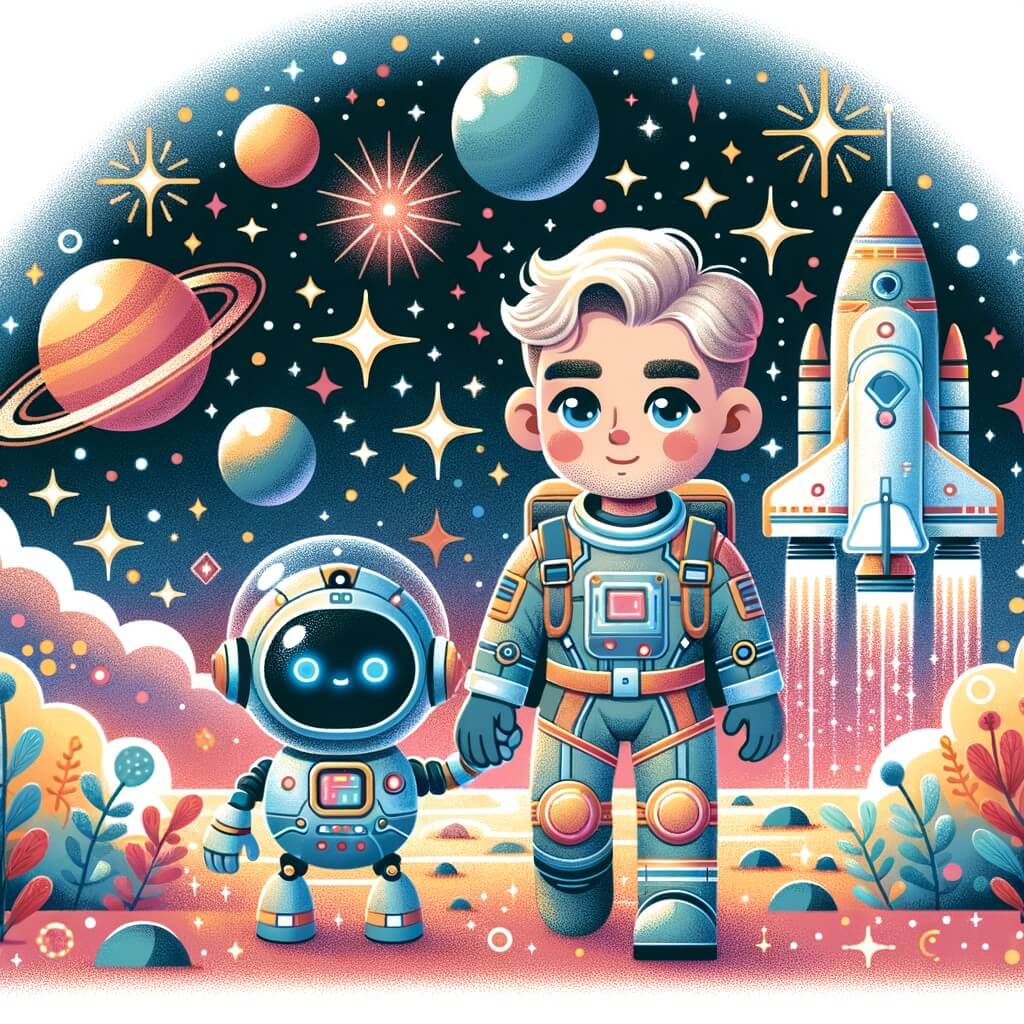 Une illustration destinée aux enfants représentant un homme intrépide, vêtu d'une combinaison spatiale, explorant les mystères de l'espace aux côtés d'un petit robot futuriste, dans le cadre enchanteur d'une station spatiale flottant au milieu des étoiles scintillantes et des planètes colorées.