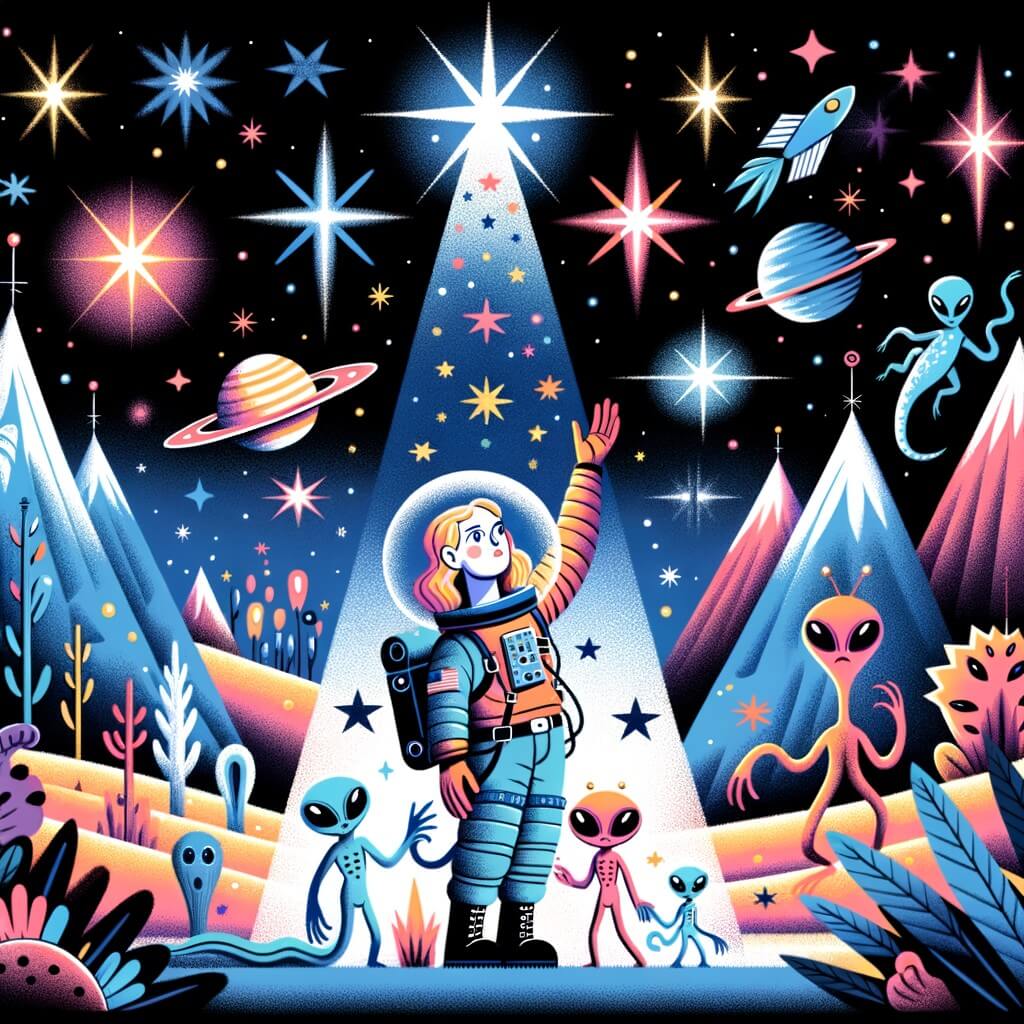 Une illustration destinée aux enfants représentant une femme astronaute, entourée d'étoiles scintillantes, explorant une planète lointaine avec l'aide de mystérieux extraterrestres, dans un paysage extraterrestre aux montagnes colorées et aux créatures étranges.
