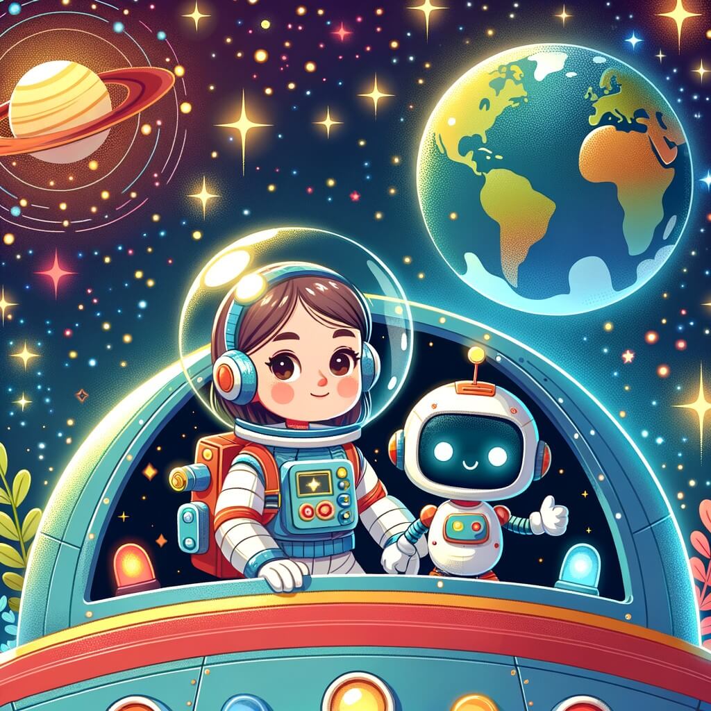 Une illustration pour enfants représentant une femme passionnée d'astronomie qui part en mission spatiale avec son équipe pour explorer l'espace et découvrir de nouveaux mondes, dans le lieu fascinant de l'infini cosmos.