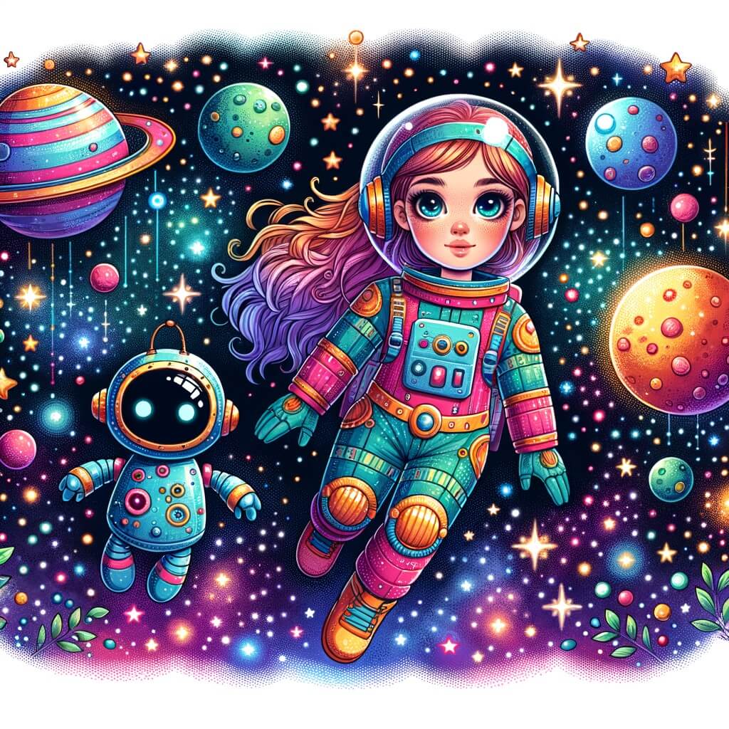 Une illustration pour enfants représentant une jeune femme rêveuse, qui veut devenir astronaute, et qui se trouve dans un centre spatial.