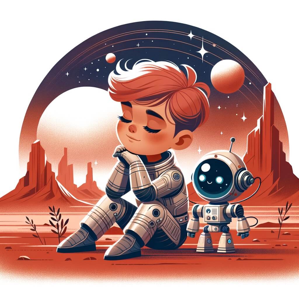 Une illustration pour enfants représentant un homme intrépide, passionné d'astronomie, qui se prépare pour une aventure spatiale extraordinaire sur la planète Mars.