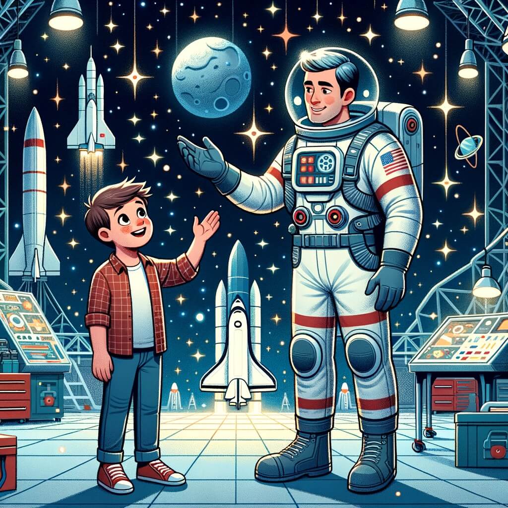 Une illustration destinée aux enfants représentant un jeune homme fasciné par l'espace, accompagné d'un astronaute bienveillant, dans un centre spatial rempli de fusées et d'équipements scientifiques futuristes, entourés par un ciel étoilé étincelant.