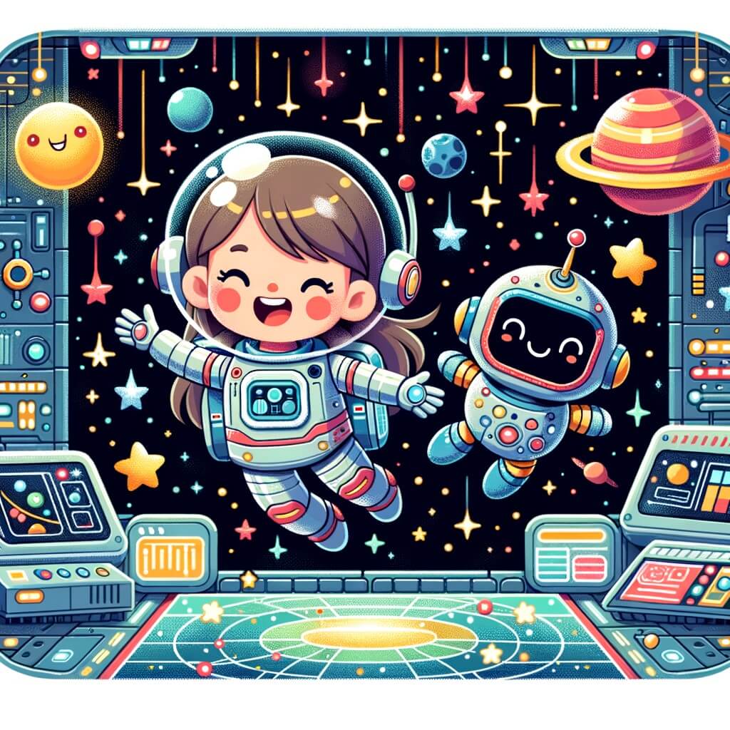 Une illustration pour enfants représentant une femme astronaute, réalisant son rêve en explorant l'espace à bord d'une fusée, dans un musée de l'espace rempli d'étoiles scintillantes.