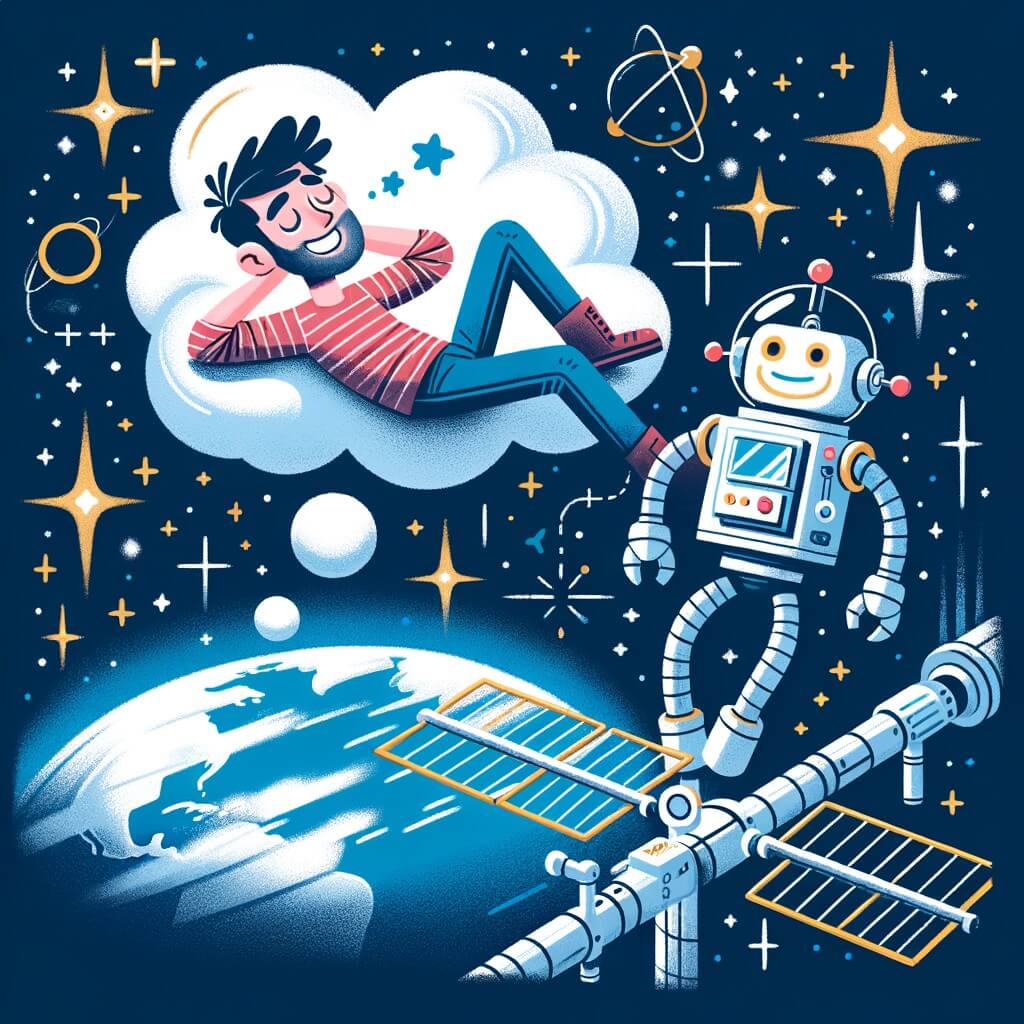 Une illustration pour enfants représentant un homme passionné d'astronomie, qui réalise son rêve de devenir astronaute et part en mission spatiale dans la Station spatiale internationale.