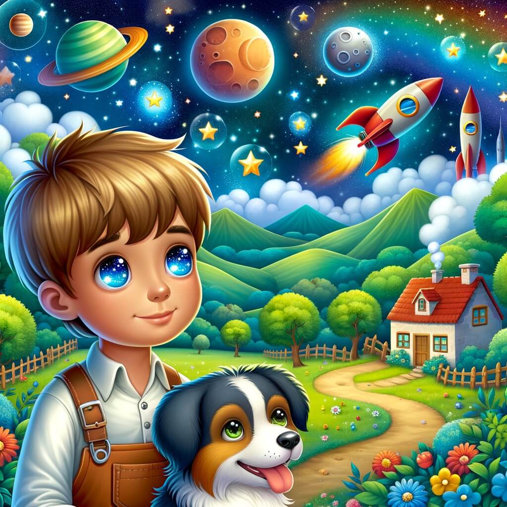 Une illustration pour enfants représentant un jeune homme rêveur, fasciné par l'espace, qui réalise son rêve en devenant astronaute et part en mission dans l'espace depuis la NASA.