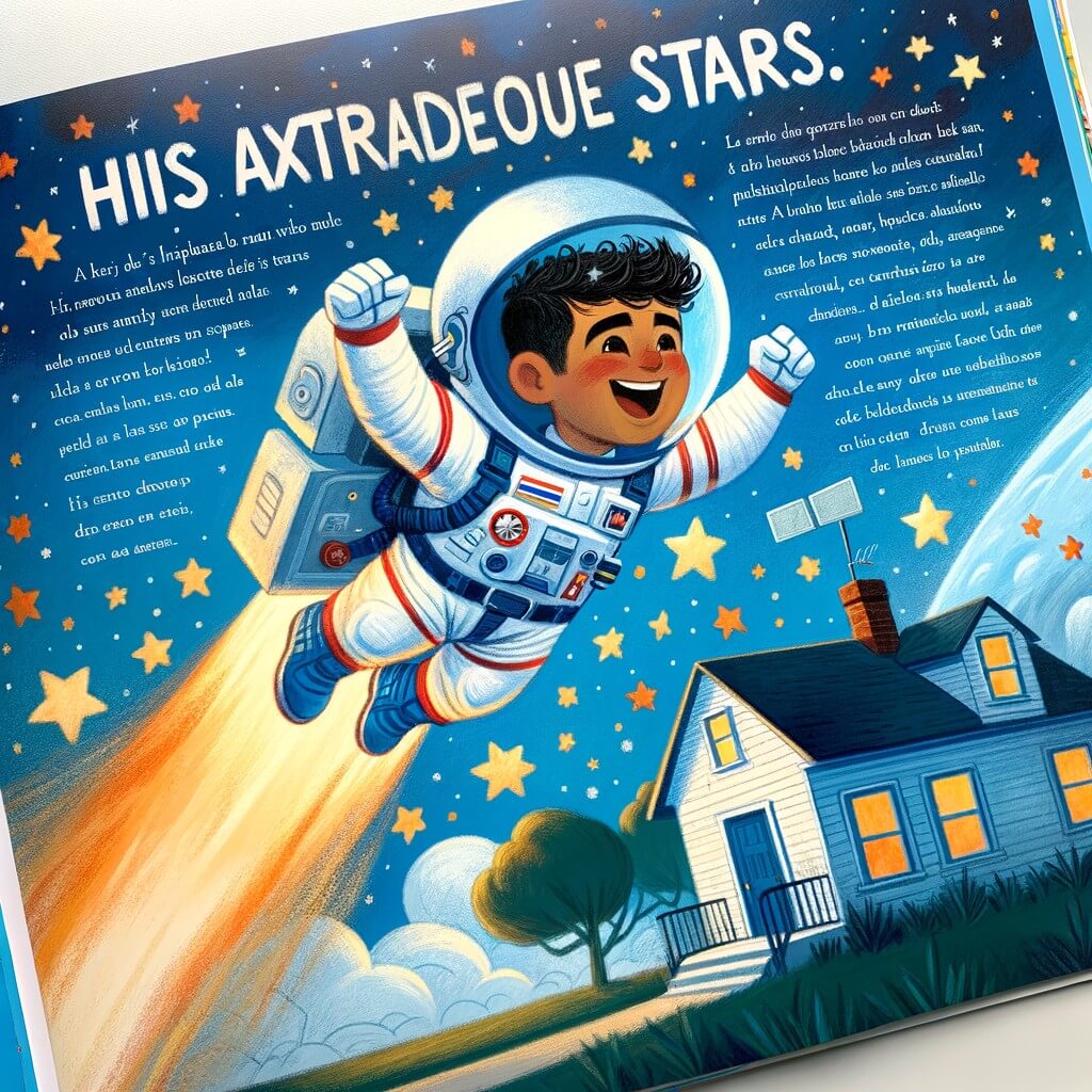 Une illustration pour enfants représentant un homme passionné par les étoiles, qui se lance dans une aventure spatiale extraordinaire depuis sa petite maison bleue pour réaliser son rêve d'astronaute.