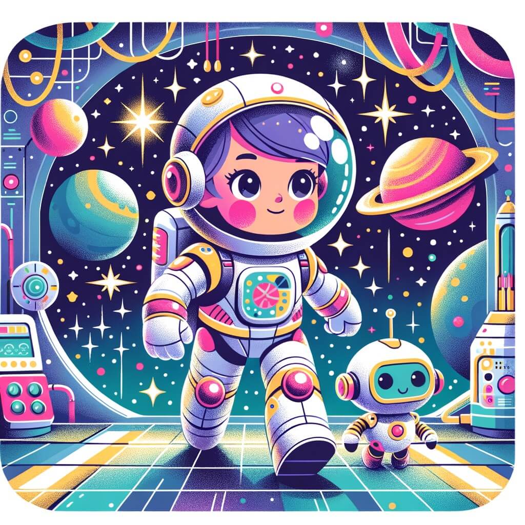 Une illustration pour enfants représentant une astronaute intrépide, rêvant de voyager dans l'espace, se déroulant dans une petite maison au bord d'un lac.