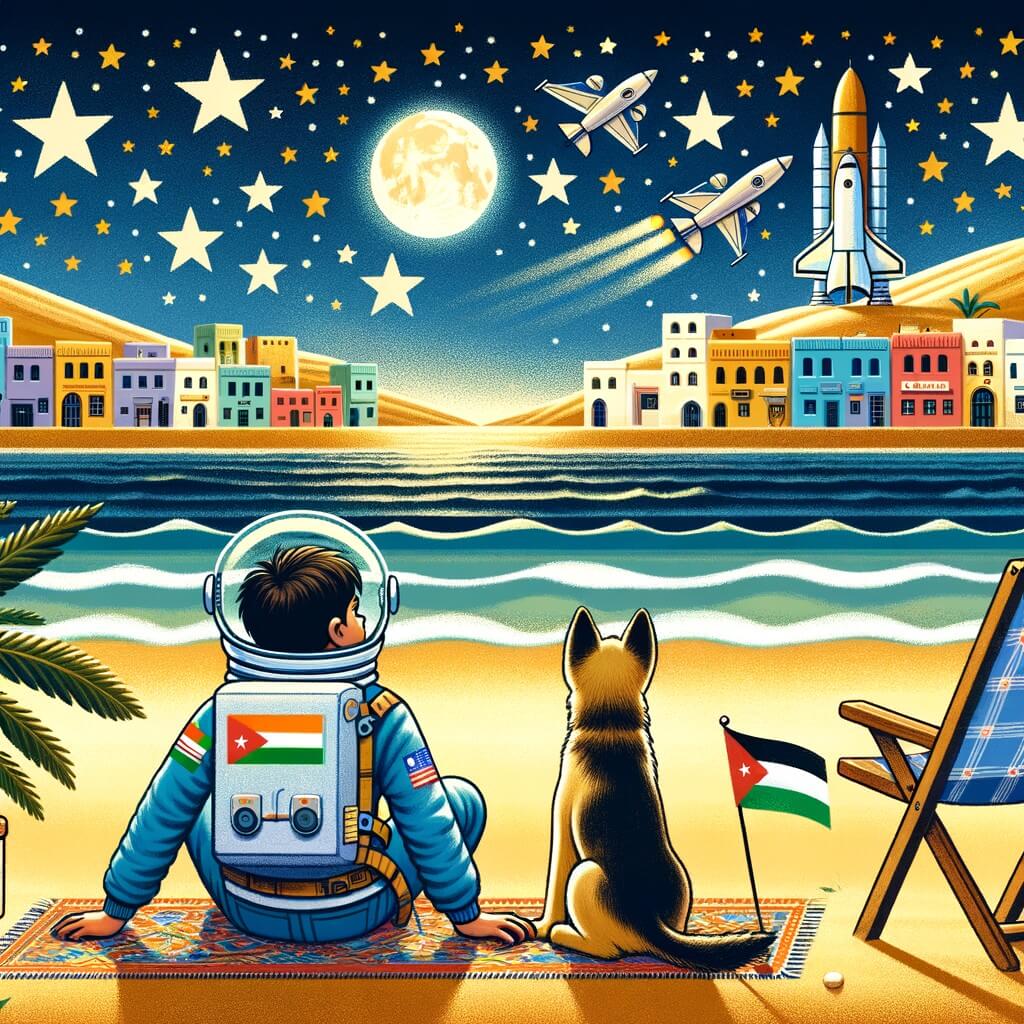 Une illustration pour enfants représentant un jeune homme passionné par l'espace, vivant une incroyable aventure dans l'immensité cosmique, au sein d'une base spatiale.