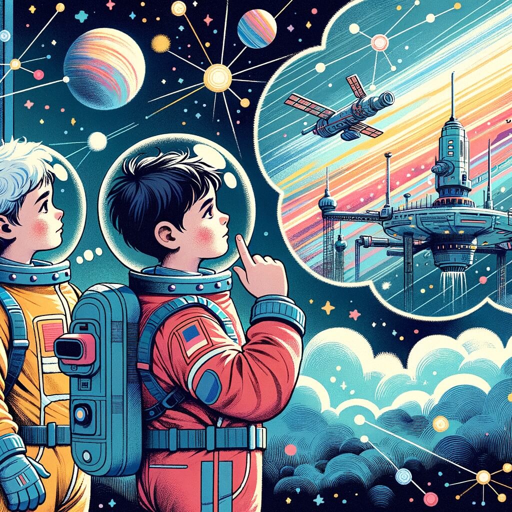 Une illustration pour enfants représentant un jeune homme rêveur, captivé par les étoiles, qui se retrouve propulsé dans l'espace à bord d'une fusée spatiale, découvrant la beauté de Mars.