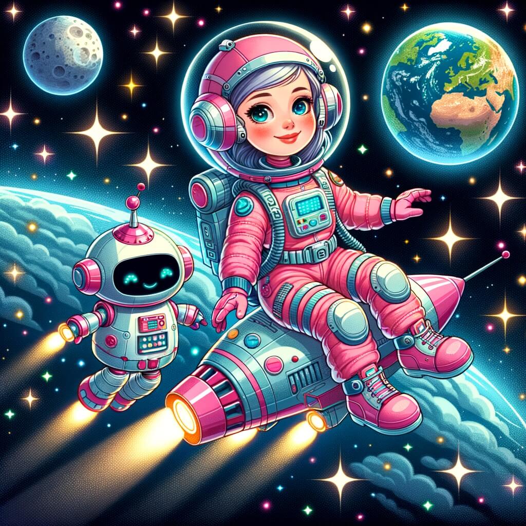 Une illustration pour enfants représentant une femme astronaute accomplie qui réalise son rêve d'aller dans l'espace pour réparer un satellite de communication, dans l'espace extra-atmosphérique.