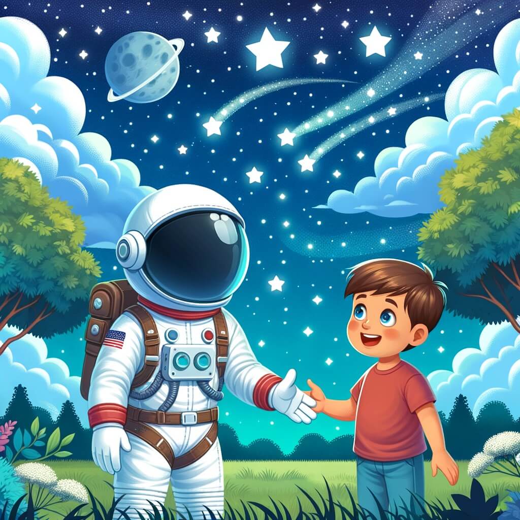 Une illustration destinée aux enfants représentant un astronaute courageux, entouré d'étoiles scintillantes, faisant la rencontre d'un petit garçon passionné dans un parc verdoyant, où les arbres se balancent doucement sous un ciel bleu azur parsemé de nuages blancs moelleux.
