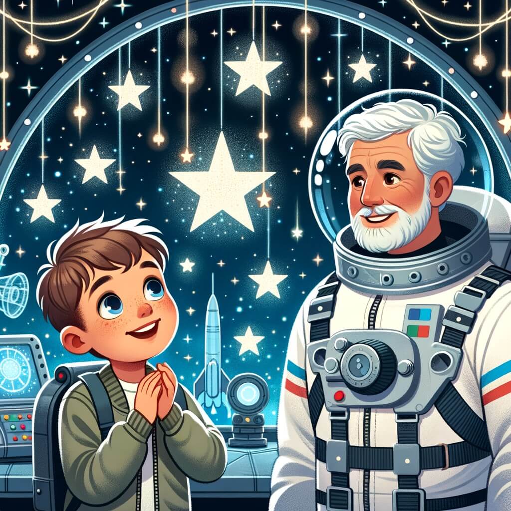 Une illustration destinée aux enfants représentant un jeune homme fasciné par les étoiles, rêvant de voyager dans l'espace, accompagné d'un astronaute expérimenté, dans une station spatiale futuriste entourée d'étoiles scintillantes.