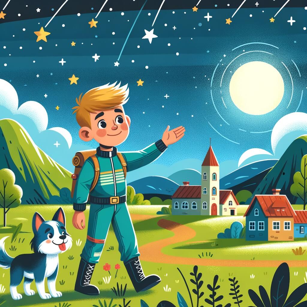 Une illustration destinée aux enfants représentant un jeune homme passionné par les étoiles, qui s'entraîne pour devenir astronaute, accompagné de son fidèle chien, dans une petite ville entourée de collines verdoyantes, avec un ciel étoilé brillant en arrière-plan.