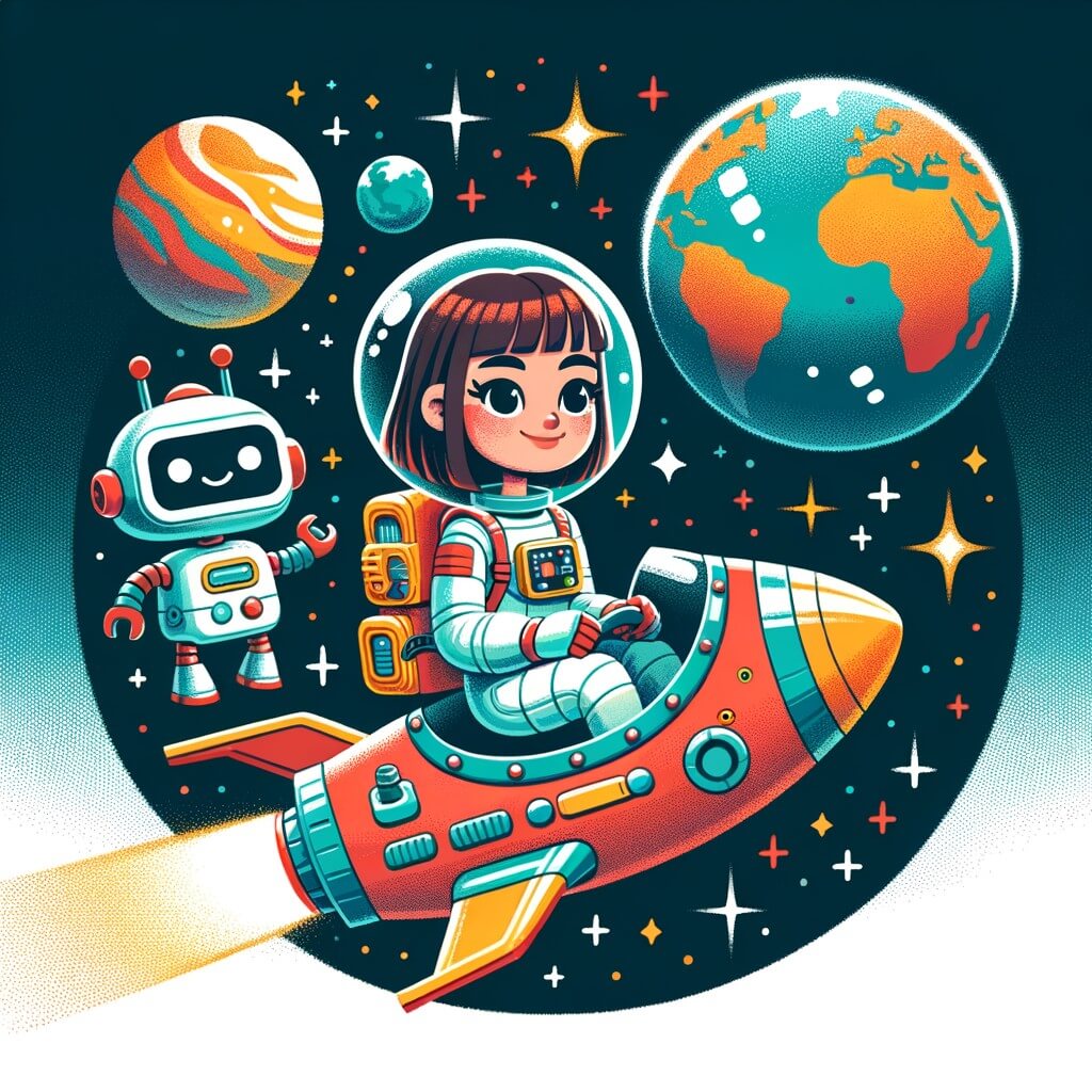 Une illustration destinée aux enfants représentant une astronaute intrépide, accompagnée de son fidèle robot, explorant les mystères de l'espace dans une navette spatiale colorée, avec la Terre brillant en arrière-plan.