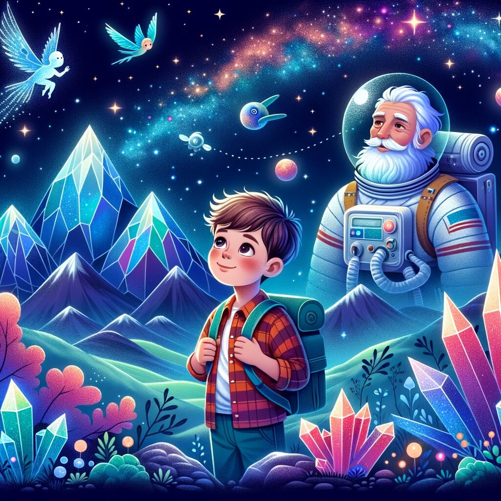 Une illustration destinée aux enfants représentant un jeune homme rêveur et curieux, accompagné d'un astronaute expérimenté, explorant une planète lointaine aux paysages colorés et mystérieux, avec des montagnes en forme de cristaux scintillants, des arbres aux feuilles phosphorescentes et des créatures lumineuses volant dans le ciel étoilé.