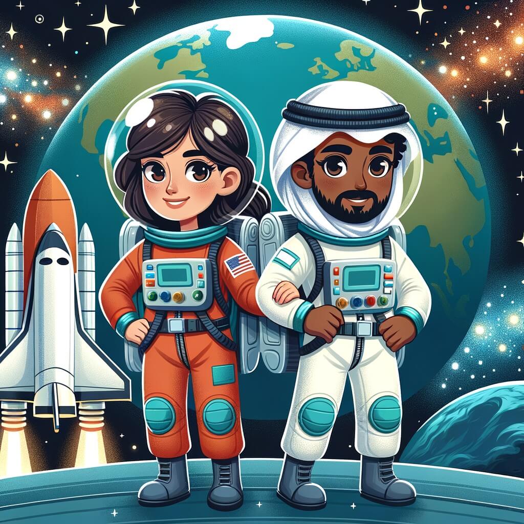 Une illustration pour enfants représentant une femme astronaute qui réalise son rêve en partant en mission dans l'espace, depuis la NASA à Houston.