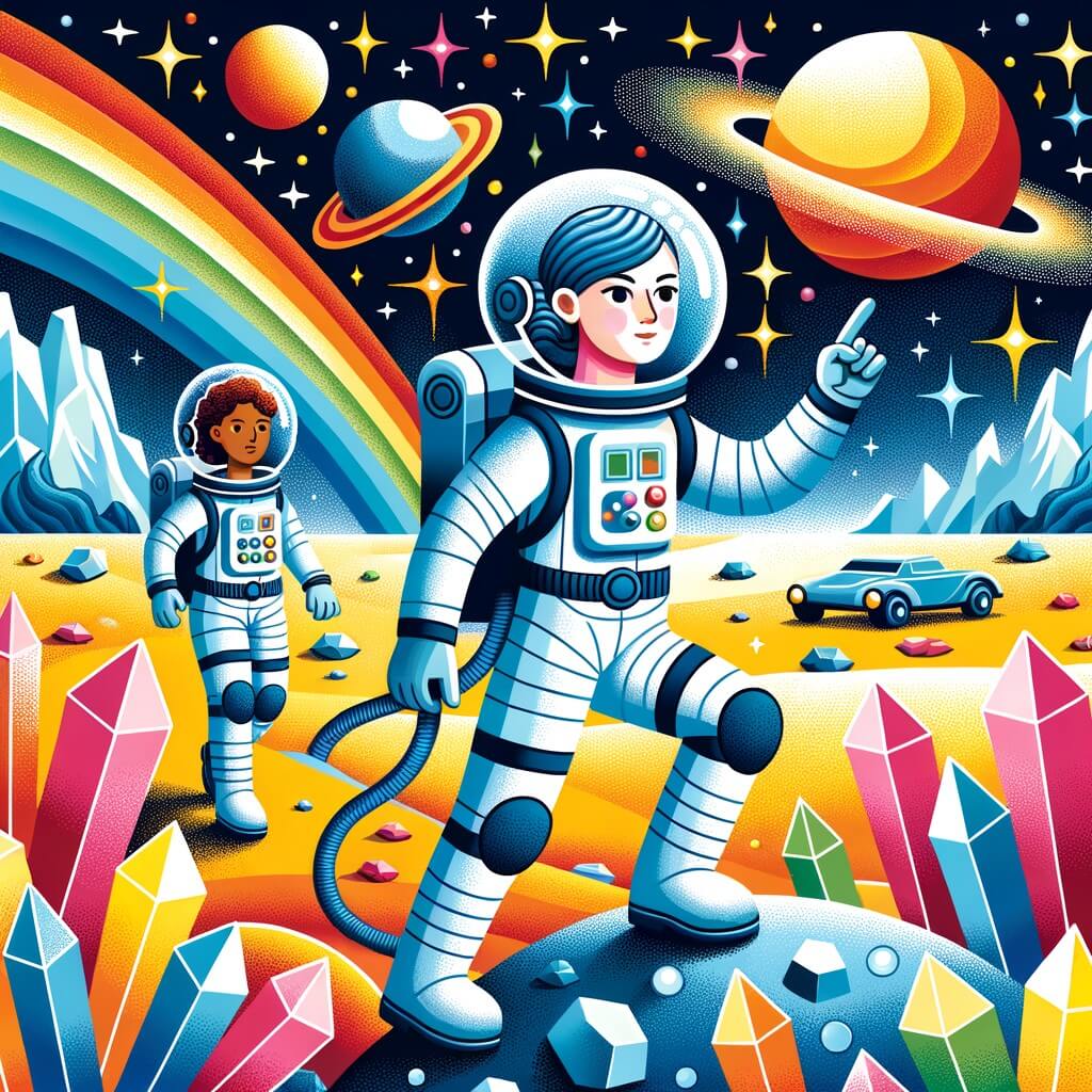Une illustration destinée aux enfants représentant une femme astronaute, pleine de détermination, explorant une planète lointaine avec des cristaux scintillants, accompagnée de ses coéquipiers, dans un paysage extraterrestre aux couleurs chatoyantes.
