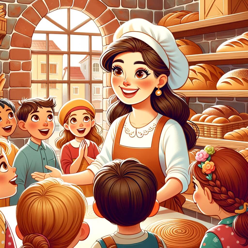 Une illustration pour enfants représentant une femme souriante et solide, boulangère de profession, montrant à des enfants comment faire du pain dans sa propre cuisine.