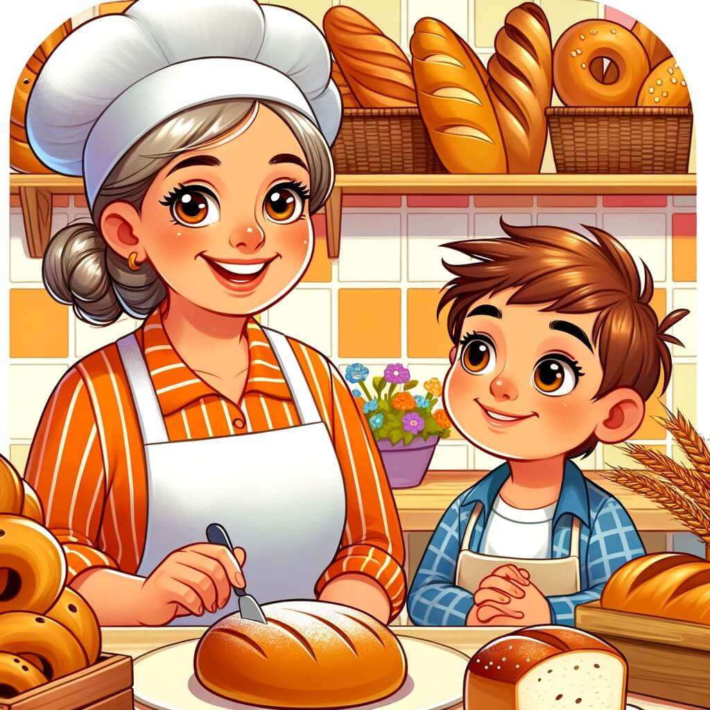 Une illustration destinée aux enfants représentant une boulangère joyeuse et vive, entourée d'un petit garçon curieux, travaillant ensemble dans une boulangerie chaleureuse et colorée, remplie de pains et de pâtisseries appétissantes.