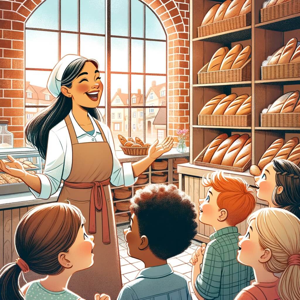 Une illustration destinée aux enfants représentant une femme boulangère passionnée, entourée d'enfants curieux, dans une charmante boulangerie aux murs en briques, avec de grandes fenêtres laissant entrer la lumière du soleil et des étagères remplies de pains et de pâtisseries appétissantes.