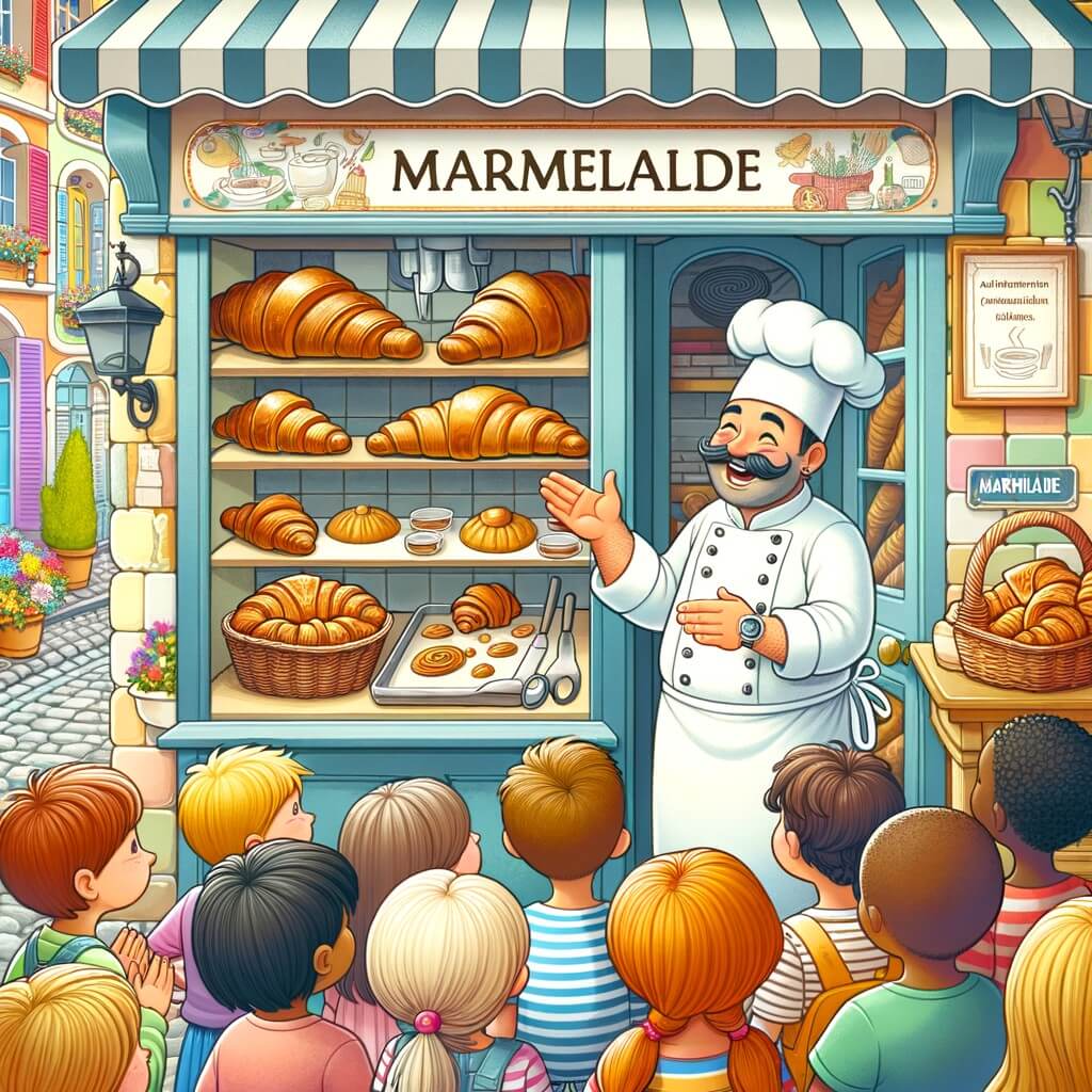 Une illustration destinée aux enfants représentant un boulanger souriant en train de préparer des croissants dans sa boulangerie pittoresque, avec des enfants curieux observant attentivement le processus, le tout se déroulant dans une petite ville colorée appelée Marmelade.