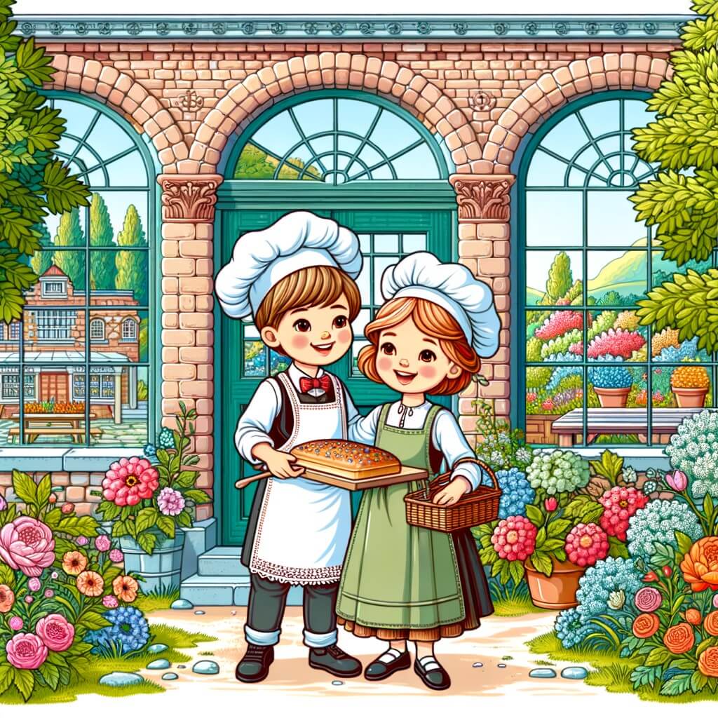 Une illustration destinée aux enfants représentant une femme boulangère passionnée, accompagnée d'un joyeux apprenti, dans une charmante boulangerie en briques avec de grandes fenêtres en verre, entourée de jardins fleuris et d'arbres verdoyants.