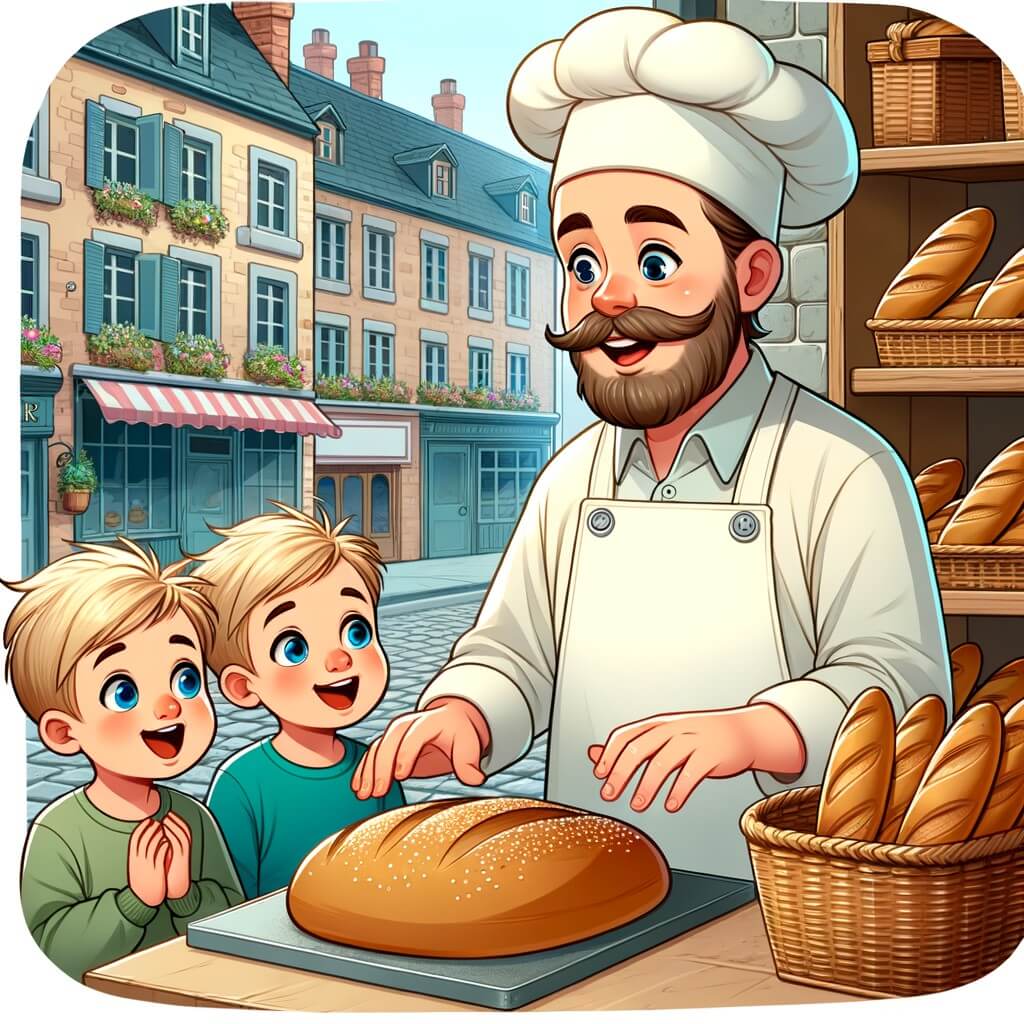 Une illustration destinée aux enfants représentant un boulanger souriant et chaleureux dans sa petite boulangerie au cœur de la ville, entouré de deux jumeaux curieux et enthousiastes, observant avec fascination le processus de fabrication du pain.
