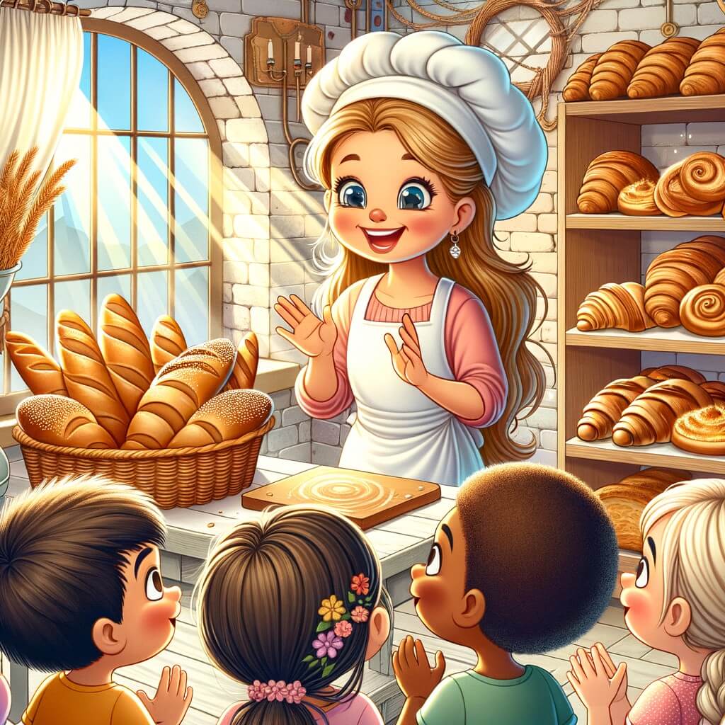 Une illustration destinée aux enfants représentant une boulangère souriante et dynamique, préparant ses délicieuses pâtisseries dans sa charmante boulangerie, entourée d'enfants curieux et émerveillés, avec des étagères remplies de pains dorés et de croissants croustillants, tandis que de doux rayons de soleil filtrent à travers les fenêtres en verre coloré.