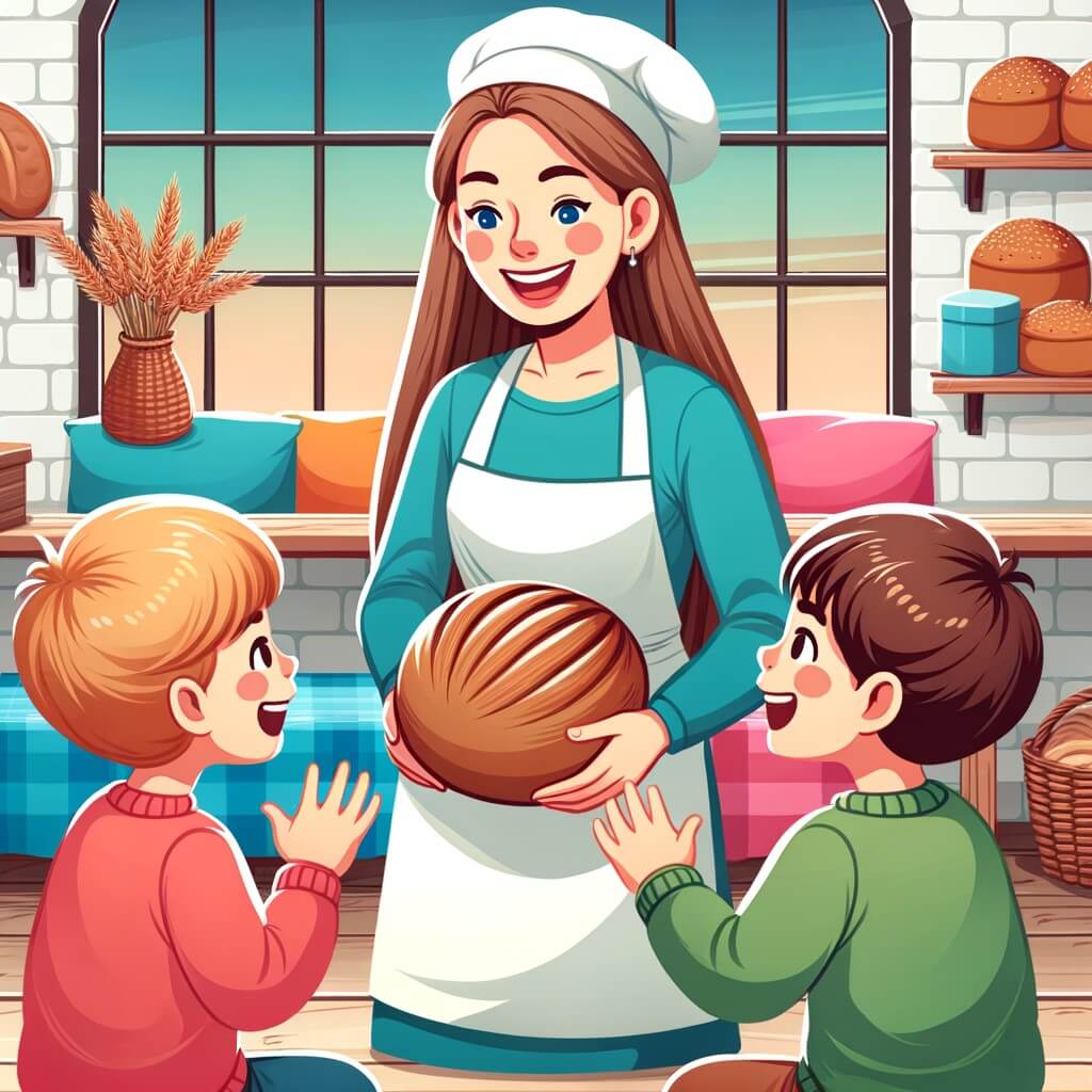 Une illustration destinée aux enfants représentant une femme joyeuse, enveloppée d'un tablier blanc, dans une boulangerie chaleureuse et colorée, partageant sa passion avec deux enfants curieux.
