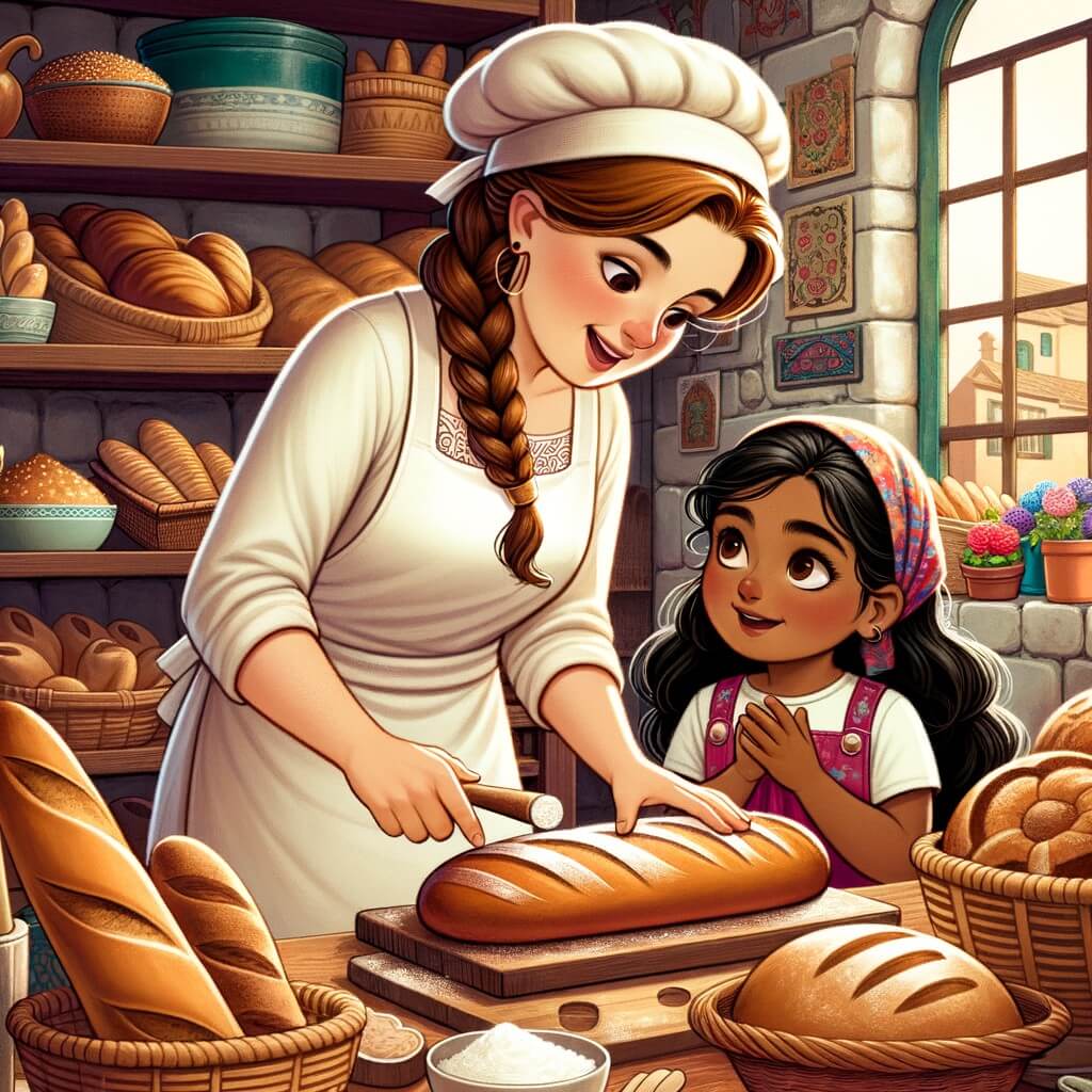 Une illustration pour enfants représentant une boulangère passionnée qui fait découvrir son métier à une petite fille curieuse dans une charmante boulangerie.