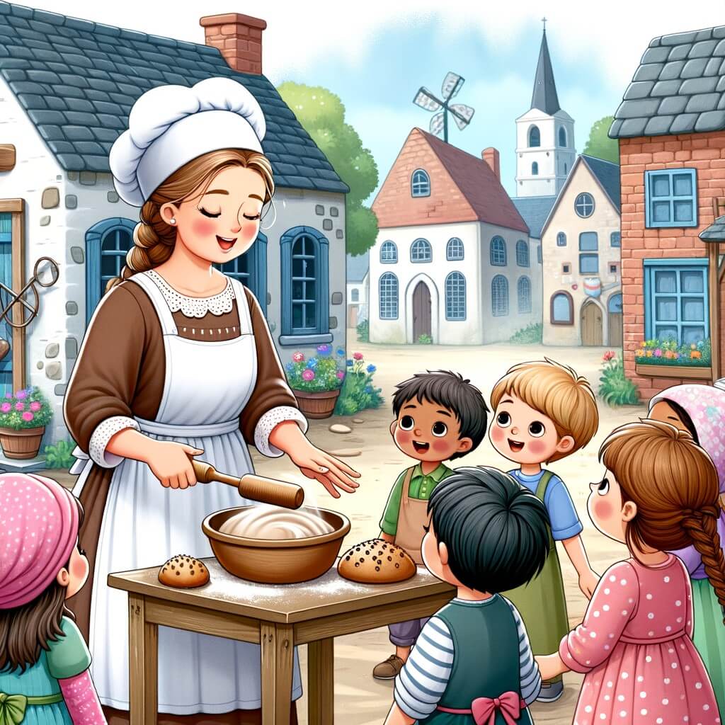 Une illustration pour enfants représentant une boulangère passionnée partageant son savoir-faire avec les enfants dans un petit village pittoresque.