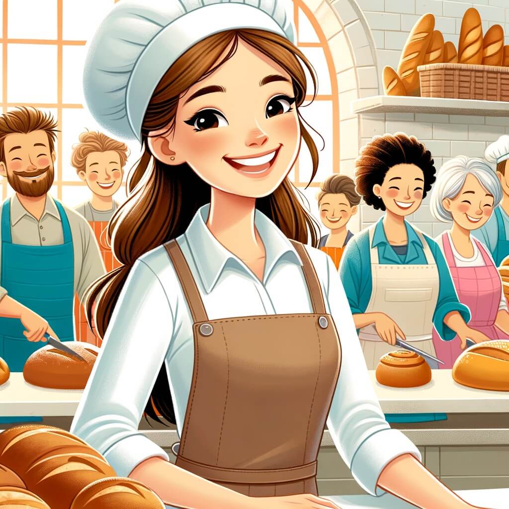 Une illustration destinée aux enfants représentant une jeune femme souriante, vêtue d'un tablier et d'une chemise blanche, travaillant joyeusement dans une boulangerie colorée et chaleureuse, entourée d'une équipe de boulangers talentueux, et préparant toutes sortes de délicieux pains et pâtisseries.