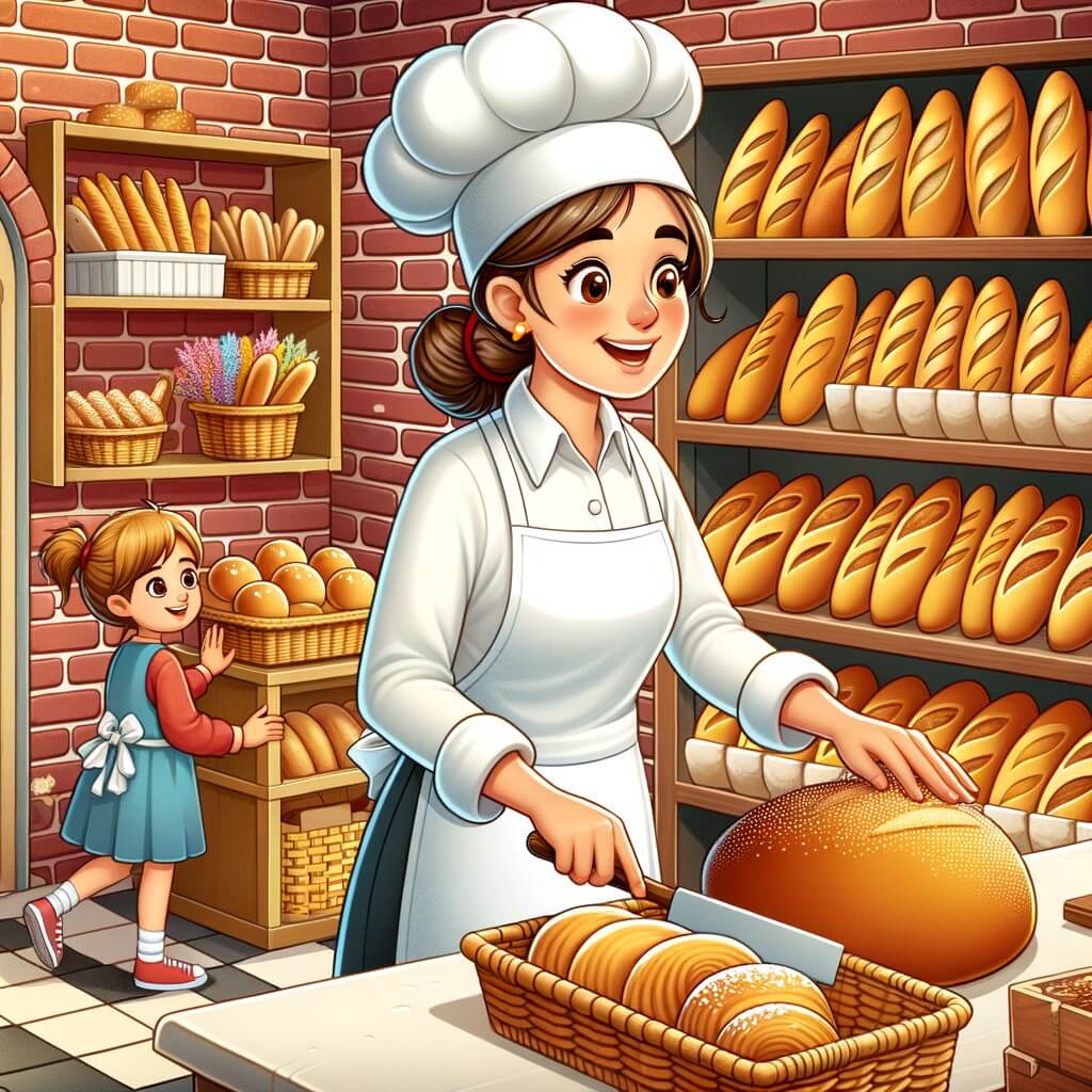 Une illustration pour enfants représentant une boulangère passionnée dans sa boulangerie pittoresque, où elle rend la magie du pain vivante.
