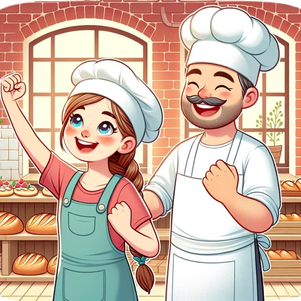 Une illustration pour enfants représentant une boulangère passionnée, au cœur d'une boulangerie animée, où elle réalise son rêve de créer des pains délicieux et des pâtisseries gourmandes.