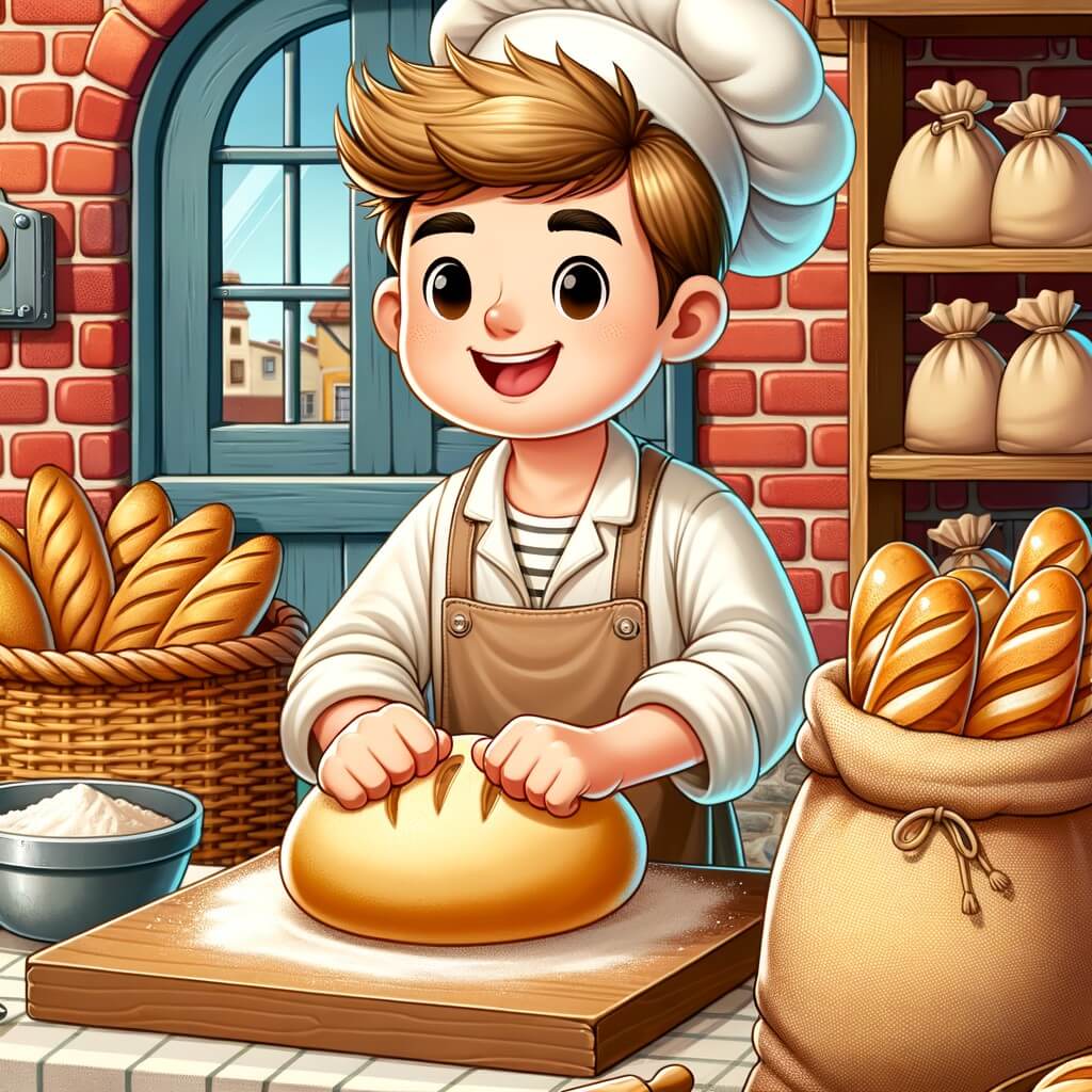 Une illustration pour enfants représentant un boulanger enthousiaste, partageant sa passion pour le pain frais dans une petite boulangerie chaleureuse.