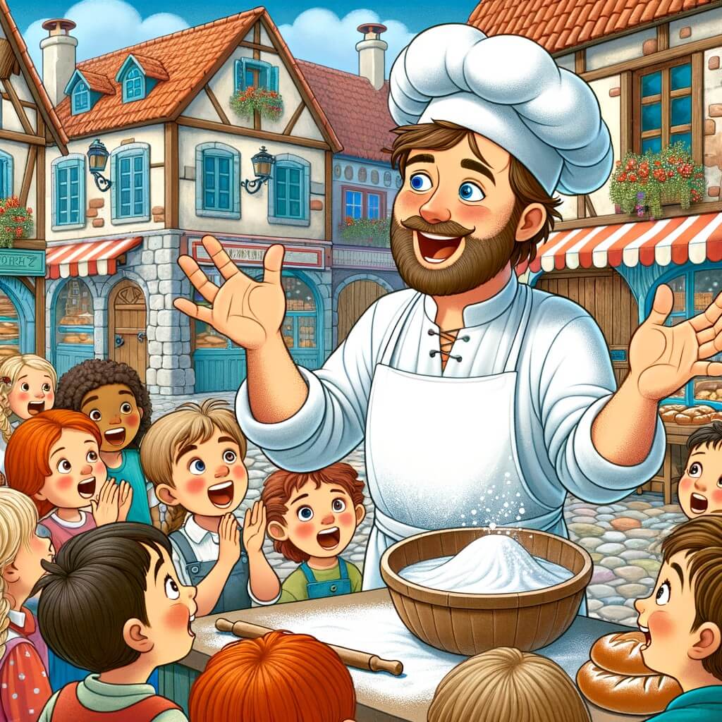 Une illustration pour enfants représentant un boulanger passionné et talentueux, vivant dans un village pittoresque, où il partage son amour pour la fabrication du pain avec les enfants du village.