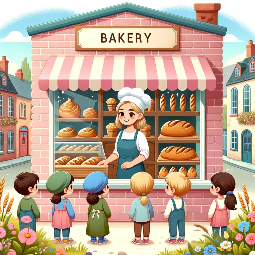 Une illustration pour enfants représentant une femme boulangère dans sa boulangerie animée d'un village pittoresque.