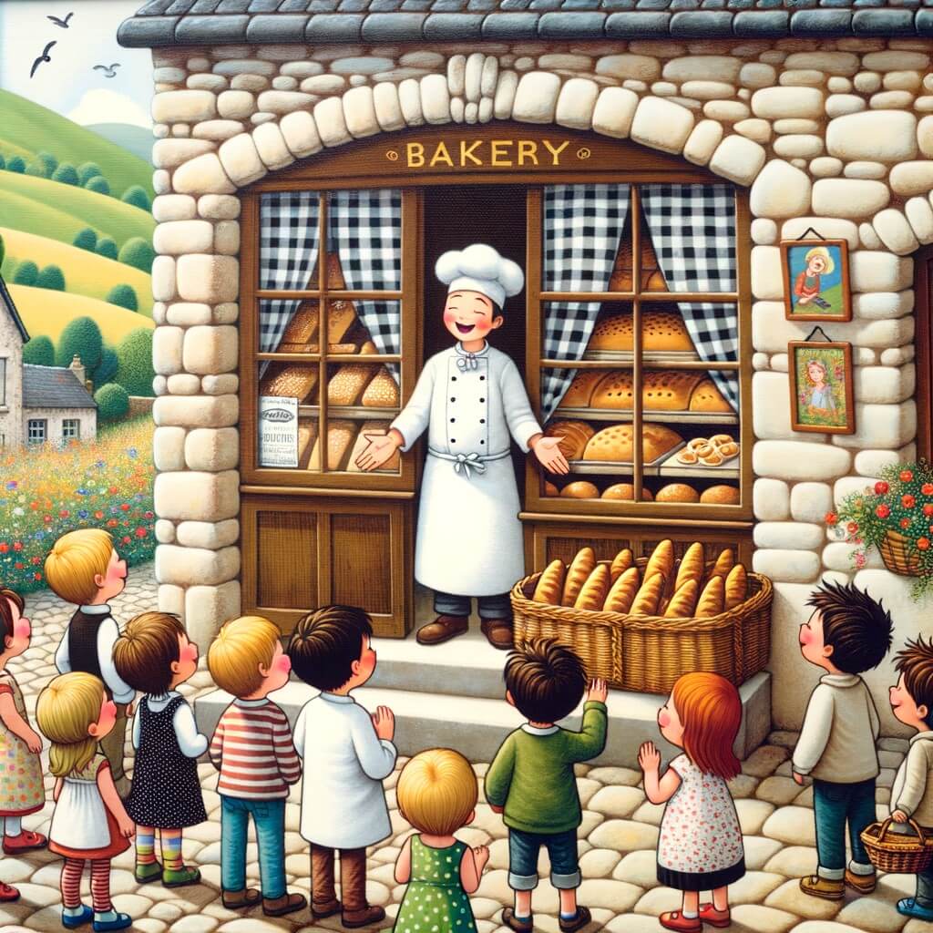 Une illustration pour enfants représentant un boulanger passionné préparant du pain frais dans sa charmante boulangerie d'un petit village paisible.