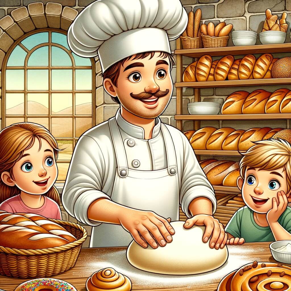 Une illustration pour enfants représentant un boulanger joyeux, plongé dans une journée bien remplie à sa boulangerie traditionnelle, située au cœur d'un charmant village.